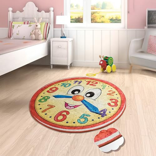 Bosdela Kinderteppich - und Babyteppich Vielfältige Designvariationen Rote Uhr Runden Ø140 cm, rutschfest und Weich, Ideal für Kinderzimmer, Spielzimmer und Krabbelmatte