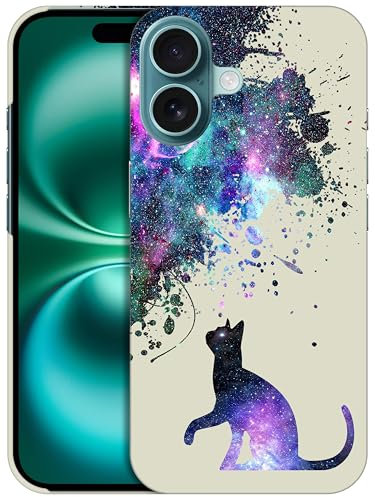 GlamCase iPhone 16 Case - Galaxy Cat Pattern Design Printed Slim & Sleek Cute Plastic Hard Snap on Protective Designer Back Phone Case/Cover for iPhone 16