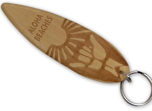 AXLorange Mini Surfbrett Hawaii Schlüsselanhänger aus Holz, mit Schriftzug, ca. 10 x 3,2 cm (Aloha Beaches)