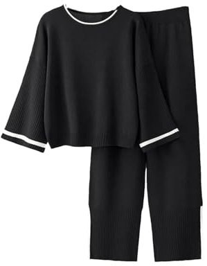 Spring Damen 2-teiliges Outfit, langärmelig, Strickpullover, Top, weites Bein, Hose, Lounge-Sets, Trainingsanzüge, Schwarz , Einheitsgröße