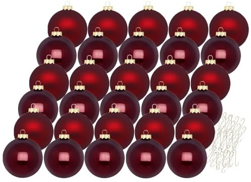 Inge Glas Weihnachtskugeln mit Haken | Schöne Christbaumkugeln aus Glas | Set 30 Kugeln und 40 Aufhänger | Christbaumschmuck Weihnachtsbaumkugeln (Smooth Port | weinrot)