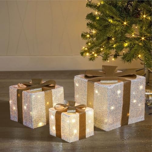 Taylor & Brown Set of 3 Light Up Boxes Gift Parcel Lights Indoor Xmas Decorations for Tree Battery Powered with 50 Warm White LED Lights, White Flash Cloth with Gold Ribbon