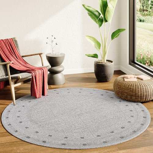 TAPISO Melissa Rund Teppich Outdoor Grau Schwarz Griechisch Flachgewebe Indoor Wohnzimmer Küche Flur Balkon Terrasse Sisal Wetterfest ÖKO-TEX 120 x 120 cm
