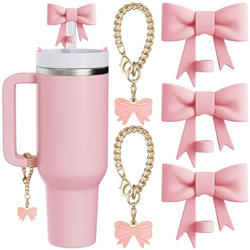 Compatible with Stanley Cup Accessories - 3Pcs 10mm Bow Straw Topper Compatible with Stanley Cup Straw Cover Cap, 2pcs Bow Charms for Stanley 30&40 Oz Tumbler with Handle
