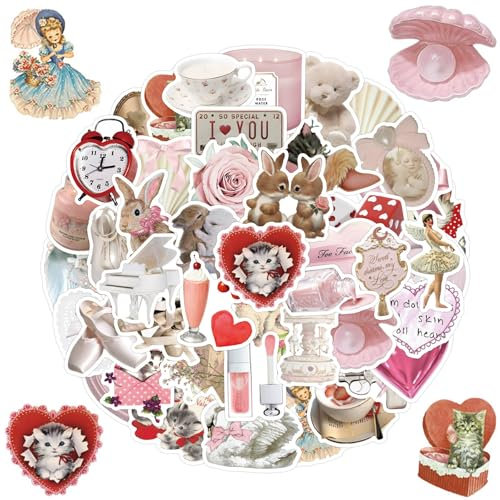 120 Stück Rosa Vintage Aufkleber, Kawaii Aesthetic Sticker, Wasserfeste Anime Aufkleber, Wasserdicht Vinyl Stickers, Y2K Accessoires für Sticker Laptop,Sammelalbum,Gitarre,Tasse