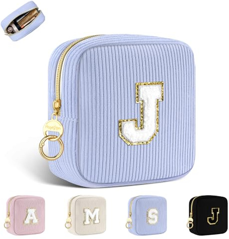 Personalisierte Kosmetiktasche Kleine Make up Tasche Cord Schminktasche Damen Tragbare Reise-Kulturbeutel für Toilettenartikel Organizer Personalisierte Initialen Geburtstag für Mädchen Blau J