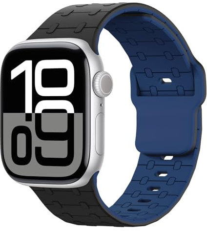 Astorgos Banda de Deporte Compatible con Apple Watch Ultra 2/Ultra 49mm,S10 46mm,9/8/7 45mm,SE/6/5/4 44mm,3/2/1 42mm, Banda de Silicona Ajustable Correa de Repuesto Transpirable, Negro/Azul