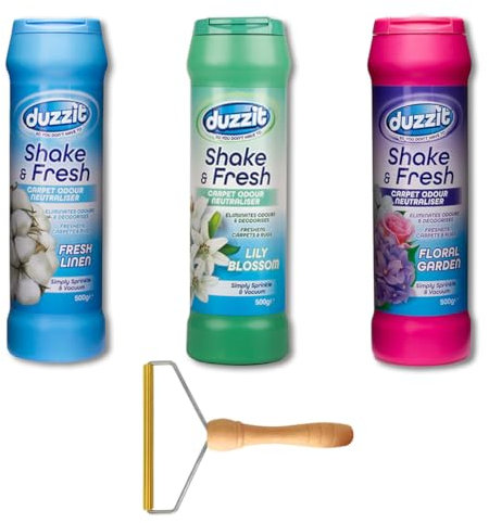 Duzzit Shake & Fresh Mixed Carpet Freshener - Set of 3 Mixed Variety Pack, Shake & Vac, Carpet Freshener Powder, Carpet Deodoriser, Hair Lint Remover Tool for Pet Hair, Dog Hair, Fluff and Fur