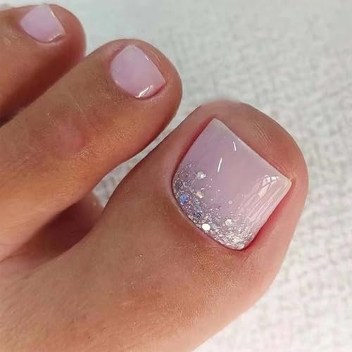 Short Press on Toenails - 24PCS Light Purple Fasle Toenails - Full Cover Acrylic Glitter Stick on Toe Nails - False Nails with Glue Long Lasting Nail Art Home DIY Manicure Nail Tips