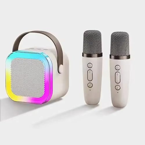 INDOTEAM Karaoke Machine for Kids and Adults – Mini Karaoke Machine with 2 Microphones – Portable Bluetooth Speaker with LED Light Effects for Kids Toys Family Home Birthday Gifts (Beige)