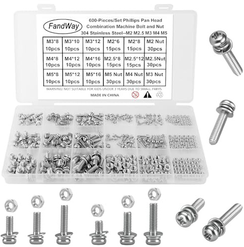 FandWay 600 Stück M2 M2.5 M3 M4 M5 Schrauben Set,Linsenkopfschrauben Gewindeschrauben,Edelstahl 304 Maschinenschrauben Muttern und Unterlegscheiben Sortiment Kit.