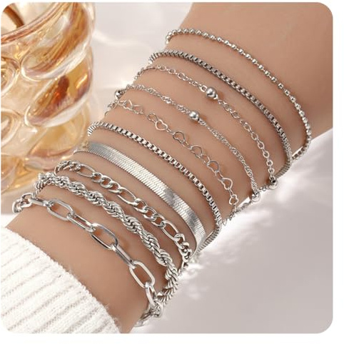 10 Stück Armband Damen, Edelstahl Ketten Armbänder Set, Verstellbare Wasserdichter Stapelbare Kettenarmband, Twist Schlange Kubanische Büroklammer Armbänder, für Damen Mädchen