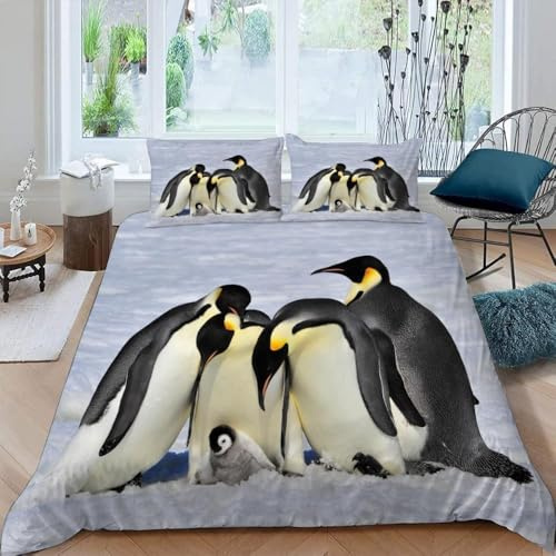 Bettwäsche 135x200 Pinguin Bettwäsche Set 3D Bettbezug Set Weich Microfaser Bettbezüge 3 Teilig Verschneite Landschaften 3D-Druck Bettwäsche-Sets für Einzelbett mit 2 Kissenbezug b.2936