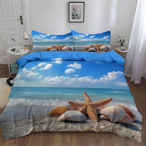 TACOKI Strand Meer Bettwäsche 220x240 Küste Am Meer Bettwäsche Set, 3D Muster Wendebettwäsche Bettbezug 3-teilig Weich Cozy Mikrofaser Bettbezüge + 2 Kissenbezüge 80x80 cm 6347a