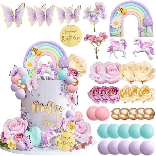 38 Stück Einhorn Tortendeko Set, Einhorn Kuchendekorationen, Kugeln Cake Topper, Happy Birthday Kuchen Topper mit Regenbogen Blume Schmetterlinge Tortenaufleger, für Geburtstag Hochzeit Party