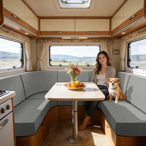 SYLC Bezüge Für Wohnwagenpolster Jacquard, rutschfeste Wohnmobil Sitzbezüge Mit 2 Cord, Sofa Sitzkissenbezug Für Schonbezug Wohnwagen Polster (Light Grey,Breite 100-120 cm, Tiefe 40-50 cm)