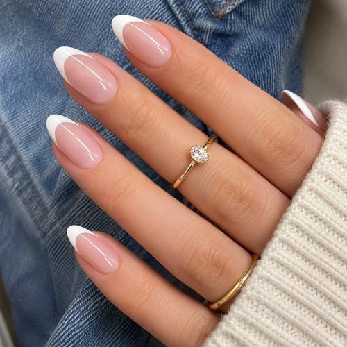 32PCS Almond Press on Nails - Short False Nails French Tip - Nude Pink Base Stick on nails and White Tip - 16 Sizes Fake Nails with Glue - Natural Acrylic Nail Tips for Women Long Lasting Wearing