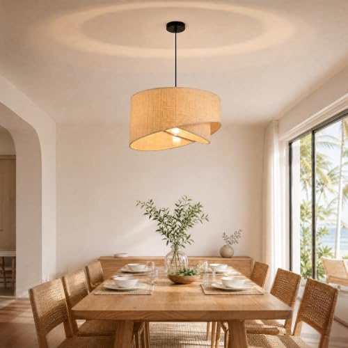 MinteVolt Hängelampe Boho Ø45cm – Handgefertigte Pendelleuchte aus Raffia | Doppelring-Design, höhenverstellbar, für Esstisch, Wohnzimmer, Schlafzimmer & Küche, E27 – ohne Glühbirne