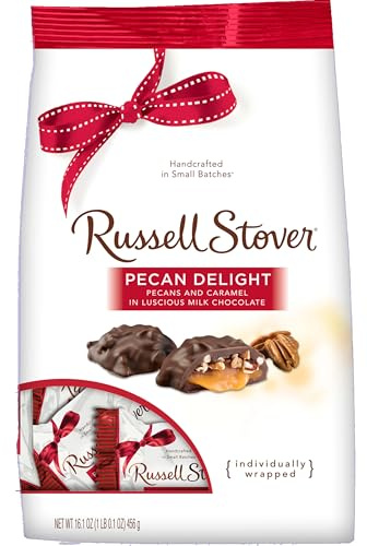 Russell Stover Pecan Delight Gusset Bag 16.10 Ounce Russel Stover Milk Chocolate Covered Candy Pack, Crunchy Pecans and Buttery Caramel Covered In Sweet Milk Chocolate Candy, Individually Wrapped