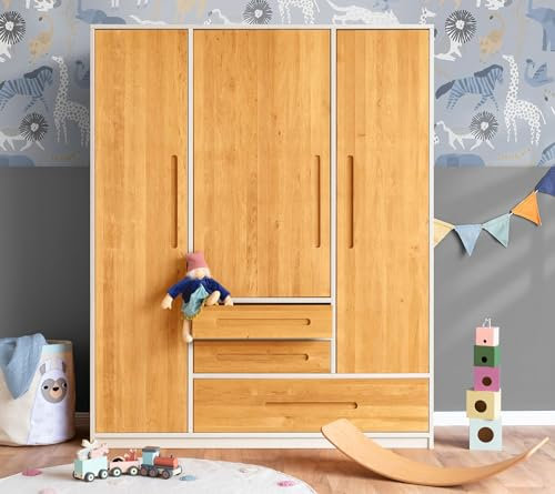 BioKinder Kleiderschrank Kinderkleiderschrank 3-türig Lina Schrank aus zertifiziertem Bio-Massivholz Erle und Kiefer Naturweiß lasiert H 190 x B 153 x T 55 cm