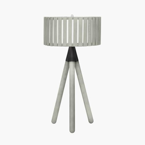 Pacific Lifestyle Grey Slatted Wooden Tripod Table Lamp | Antique Wood Desk Table with Tripod Base | Modern Designer Lighting with Soft Diffused Light | Stylish Soft Glow Round Bedside Lamps (Grey)