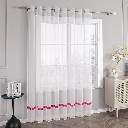 HongYa Stores Voile Gardine Schal Transparenter Vorhang mit Satinband Ösen H/B 145/450 cm Dunkelrosa