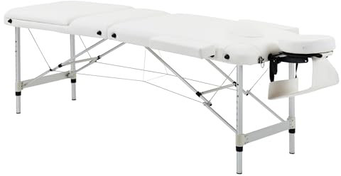 HOMCOM Foldable Massage Bed Portable Table, 3-Section Aluminium Foldable Beauty Couch, Professional Salon Spa Table with Headrest Support and Carry Bag, 81 cm Width, White
