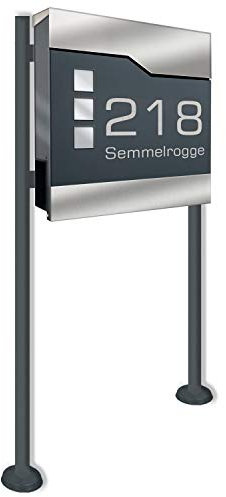 Zalafino Briefkasten incl. Standfuß freistehend in anthrazit - individualisierbarer Design-Briefkasten aus pulverbeschichtetem Stahl mit Zeitungsrolle, Sichtfeldern und Standfuß