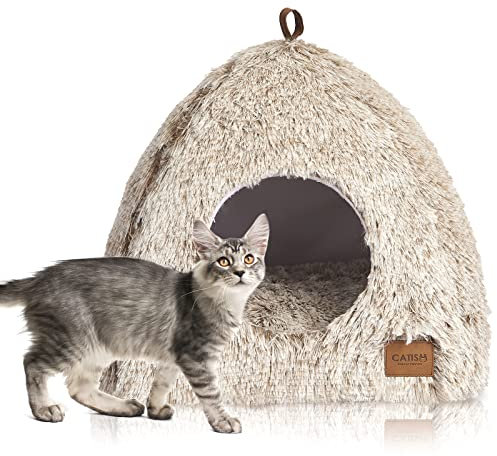 CATISM Chat Lit Coussin avec Oreiller Doux lit de Chat Panier Lit Lavable en Tissu Peluche Couffin Chien Beige (40 x 40 x 37 cm)