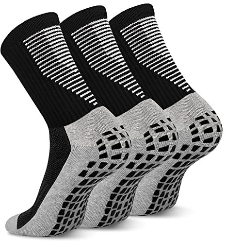 JUYANO 3 Pairs Grip Socks Football Men Women Anti Slip Sports Breathable Blister Rubber Pads Non Basketball Athletic Grippy For Soccer Running Hiking Boxing Rugby, Black-3 Pairs, One Size, (T8)