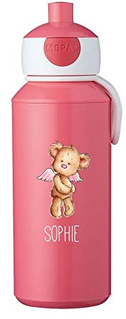 Pinke Trinkflasche -Bär mit Flügeln- für Kinder, personalisiert mit Namen, in 6 Farben, Pop-up Flasche für Schule & Sport, Geschenkidee zur Einschulung