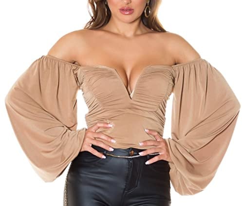 Koucla Silvester Off Shoulder Langarm Shirt mit V-Cut und Raffungen S, Cappuccino