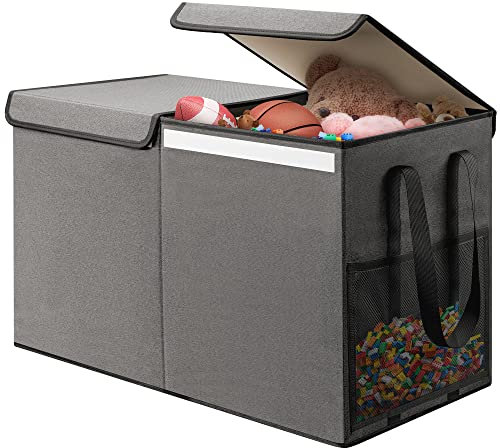 LOVSTORAGE Large Toy Box for Boys Girls Toy Chest Kids Toy Storage Organizer Collapsible Toy Storage Bin Basket with Two Mesh Pockets for Nursery Playroom Bedroom Living Room Organization