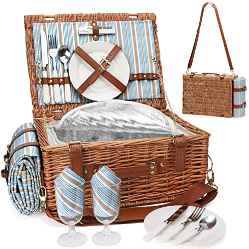 HappyPicnic Wicker Picknickkorb Besteckservice Picknickkorb Isolierter Kühltasche Picknick Set Korb aus Weidengeflecht, für Camping,Outdoor, Weihnachten (M for 2 Persons with Straps)