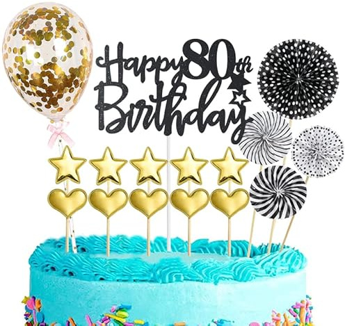 Tortendeko 80 Geburtstag Frau Mann,16 Stück Glitzer 80. Geburtstagstorte Topper,Schwarzes Gold Cake Topper Deko 80 Geburtstag,Happy 80th Birthday Kuchendeko,für 80. Geburtstag Party Kuchen Deko