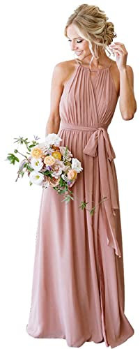 Robe de plage de demoiselle d'honneur élégante longue dos nu plissée à volants fluides robes de soirée pour femme, vieux rose, 40