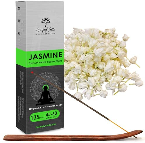 Simply Vedic Jasmin-Räucherstäbchen 250 Gramm (ca. 135 Premium-Räucherstäbchen + Räucherstäbchenhalter)| Dauert 60 Minuten, ideal für Meditation, Yoga, spirituelle Heilung, Gebete, Aromatherapie