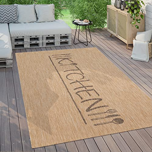 Paco Home Outdoor Teppich Wetterfest Wohnzimmer Balkon Küchenteppich Modernes Muster Mit Schriftzug, Grösse:120x160 cm, Farbe:Beige 2