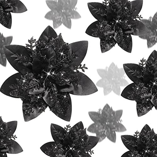 Geosar 24 stelle di Natale artificiali glitterate, fiori di stella di Natale artificiali, decorazioni per albero di Natale, ornamenti con clip per bomboniere, 15,2 cm, 10,2 cm, 7,6 cm (nero)