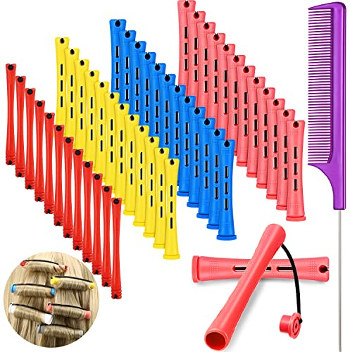 48 Pieces Hair Perm Rods Short Cold Wave Rods Plastic Perming Irons Hair Curling Rollers Curlers with Steel Pintail Comb Rat Tail Comb for Hairdressing Styling Supplies(Assorted Sizes,Multicolored)