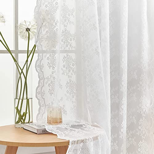 YJ YANJUN Tende in pizzo per finestre 152,4 cm a goccia con fiori e rami vintage per vecchia casa, tende in voile trasparente shabby chic, 2 pannelli, larghezza 132,1 cm x altezza 152,4 cm