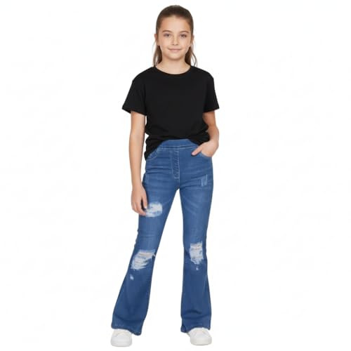 A2Z 4 Kids Girls Denim Jeans Comfort Stretchy Jeggings Bell Bottom Ripped - Jeans JN37 Mid Blue 5-6