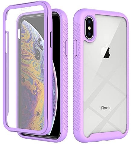 iPhone X/iPhone XS Case with Built-in Screen Protector, 360 Full Body Protective Cover Heavy Duty Anti-Scratch Shockproof Slim Silicone Bumper Clear Phone Case for iPhone X/XS 5.8, Purple