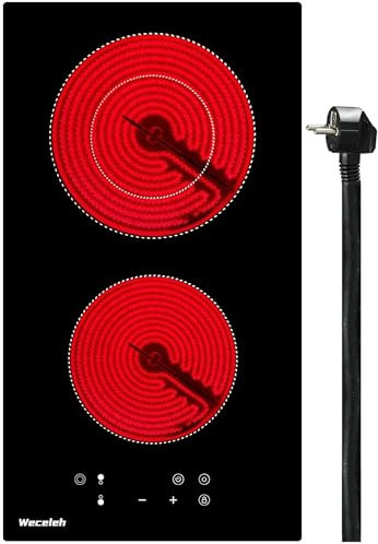 Weceleh Electric Cooktop Autarkes Glaskeramikkochfeld 2 Platten Einbau, Einbau 2 Kochfelder Herdplatte, Kochplatte mit Stecker 220v, 2 Zonen, 28 cm, 3200W, Schwarz