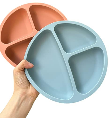 Pack 2 platos antivuelco para bebe con ventosa, Sin BPA, 100% Silicona - Plato Blw adherente con compartimentos Apto para Microondas y Lavavajillas compartimentos
