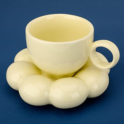 Fseoot Tasse à café en céramique avec dessous de verre tournesol - Cuillères à café - 200 ml - Mignonnes tasses créatives pour café, lait, thé, maison, bureau (jaune citron)