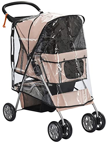 PawHut Dog Stroller with Rain Cover for Small Miniature Dogs, Folding Pet Pram with Cup Holder, Storage Basket, Reflective Strips, Brown