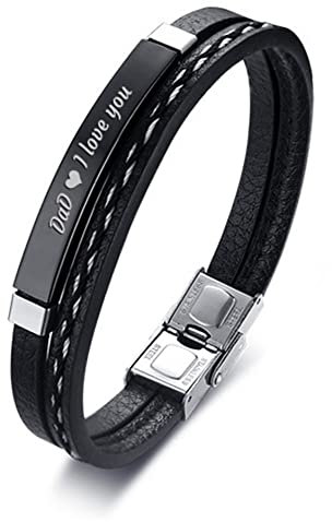 Armband Schwarz Leder, Herren Armband Edelstahl Erkennungsmarke mit Gravur Dad I Love You Geburtstagsgeschenk