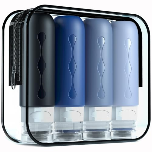 Gemice Silikon Reiseflaschen 90ml Set, 4 Stück auslaufsichere Reise Container und Reise Toilettenartikel Set, FDA zugelassene nachfüllbare Flüssigkeitsbehälter für Shampoo Creme Spülung Körperpflege