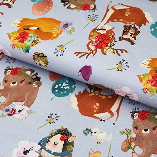 Baumwolljersey bunte Waldtiere Fuchs Reh Eule auf Flieder - Jersey Stoff - ab 25cm Länge